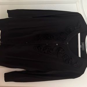 3/4 sleeve black button up sweater, with ruffle details on front